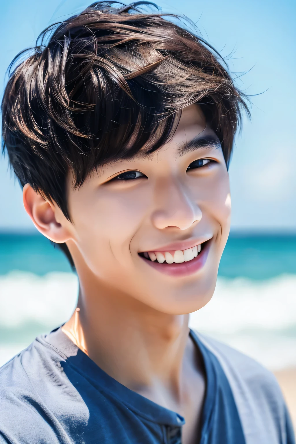 Highest quality, masterpiece, Ultra-high resolution, (Realistic: 1.4), Original photo, wallpaper, Head Photo, skin, Simple Background, Iris, detailed, Selfie, 1 boy, 18-year-old, good looking, Wind,Ocean、smile