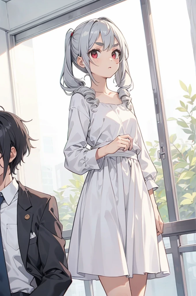 Young girl with grey hair, ((fringed and curly hair)),((curly short twintail)), curly hair ,(red eyes),, ((small bushy eyebrows)) walking to school, naked pussy, bored look, Look carefully at the different models of dresses, their eyes shining with contained emotion They are all so beautiful, Mister. Approaches one in particular, caressing the fabric gently. Would you like me to try this on?? She looks at him with expectant eyes., awaiting your approval