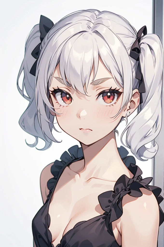 Young girl with grey hair, ((fringed and curly hair)),((curly short twintail)), curly hair ,(red eyes),, ((small bushy eyebrows)) walking to school, naked pussy, bored look, Look carefully at the different models of dresses, their eyes shining with contained emotion They are all so beautiful, Mister. Approaches one in particular, caressing the fabric gently. Would you like me to try this on?? She looks at him with expectant eyes., awaiting your approval