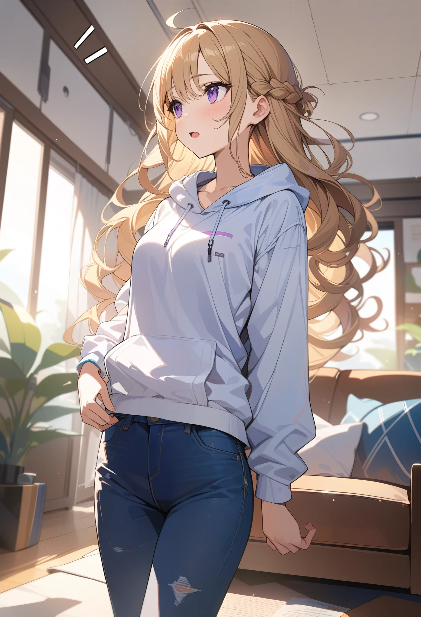 masterpiece, best quality, extremely detailed, ultra detailed, flat anime, 2D,
1girl, (young adult:1.2),blonde hair, (semi-long hair:1.2), curly hair, french braid, medium breasts, purple eyes, tsurime, height 1.7meters,
white hooded sweatshirt, jeans,bracelet, long sleeves,socks,
open mouth,notice,looking away,
upper body, (dynamic:1.2),
summer, livingroom, 12AM., standing