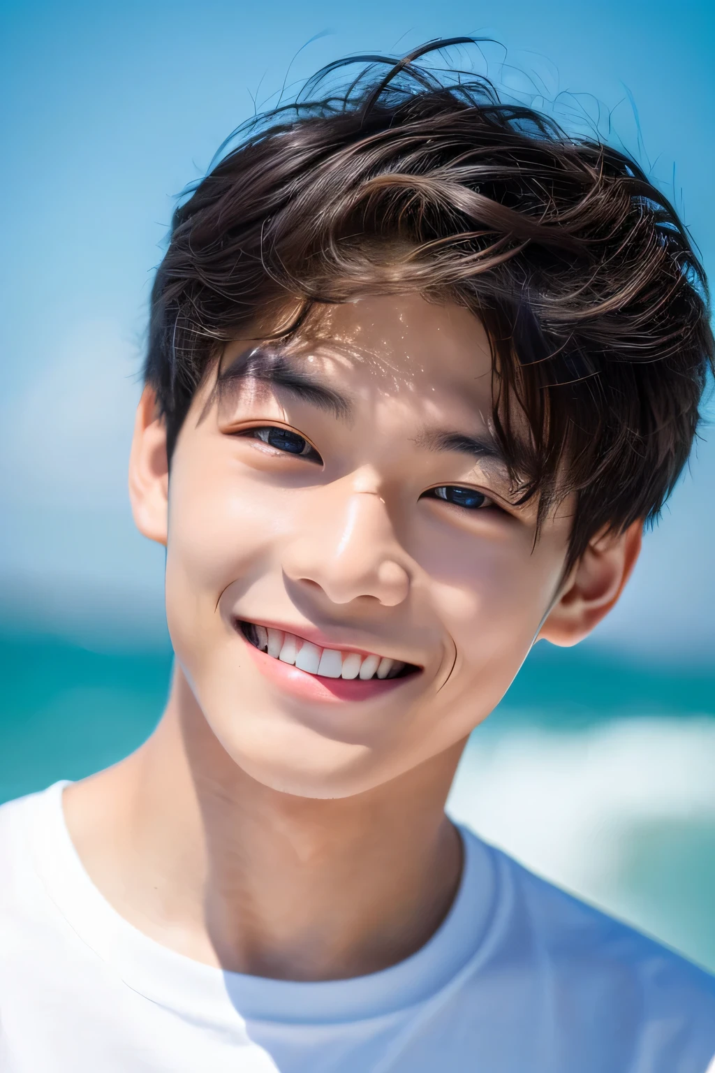 Highest quality, masterpiece, Ultra-high resolution, (Realistic: 1.4), Original photo, wallpaper, Head Photo, skin, Simple Background, Iris, detailed, Selfie, 1 boy, 18-year-old, good looking, Wind,Ocean、smile