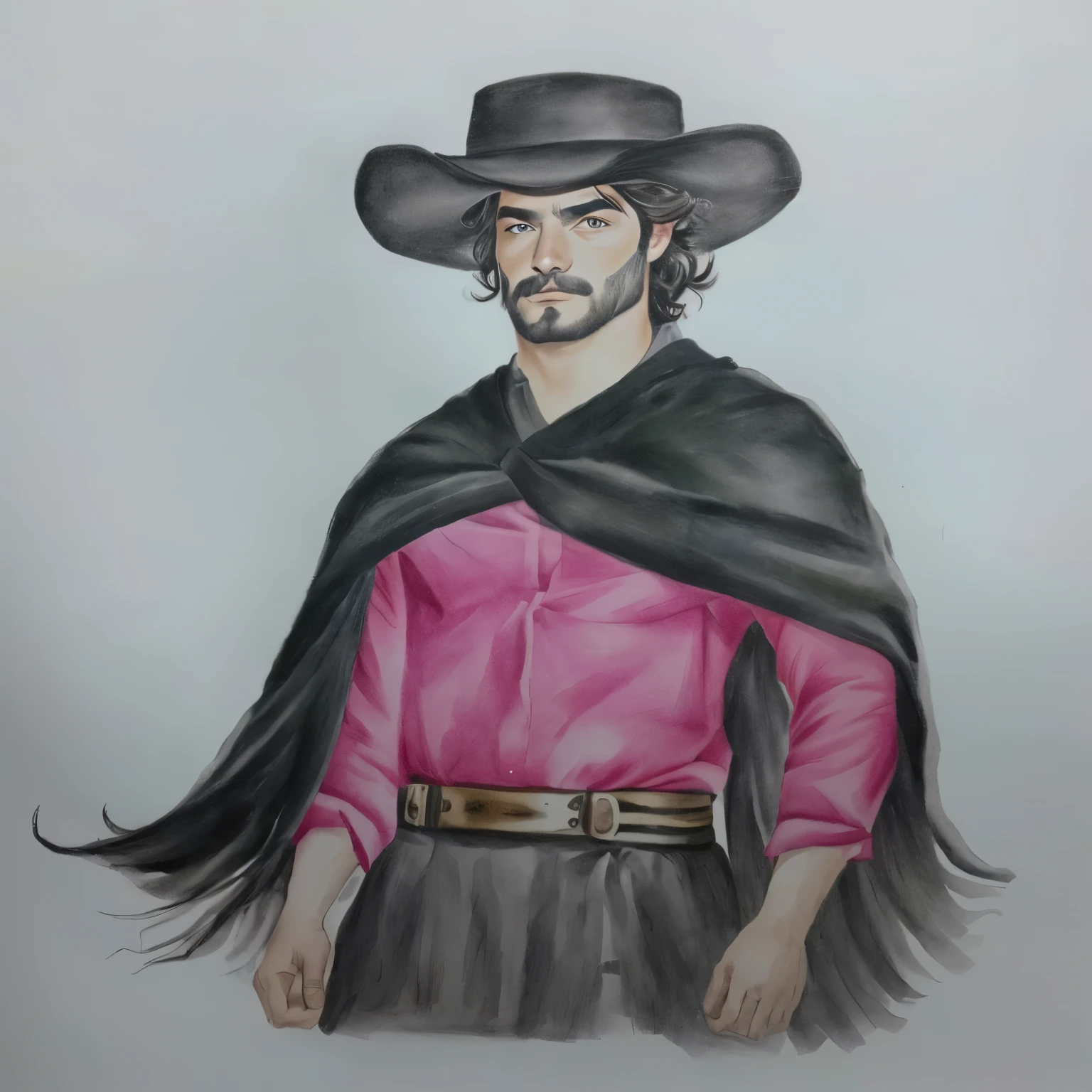 um desenho de um homem com um chapéu de preto native gaucho e uma camisa rosa, inspired by Germán Londoño, inspired by Agustín Fernández, inspired by Toros Roslin, inspired by Alonso Vázquez, inspired by Pedro Álvarez Castelló, a portrait of the character, native gaucho
