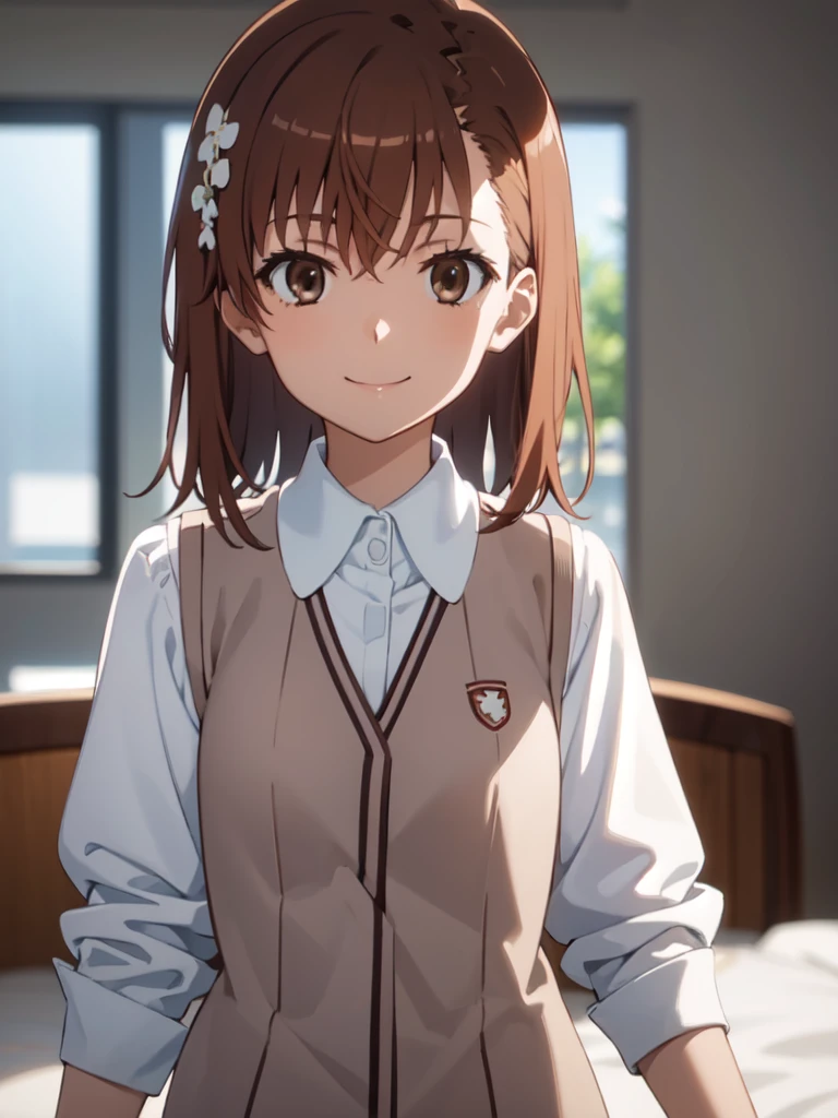 Masterpiece hd, solo, 1girl, misaka mikoto, tokiwadai, wear white collared shirt, wear brown vest, bow, looking at viewer,, smile, upper body, standing, indoor