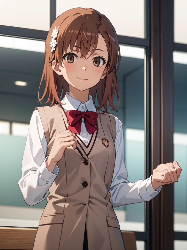 Masterpiece hd, solo, 1girl, misaka mikoto, tokiwadai, wear white collared shirt, wear brown vest, bow, looking at viewer,, smile, upper body, standing, indoor