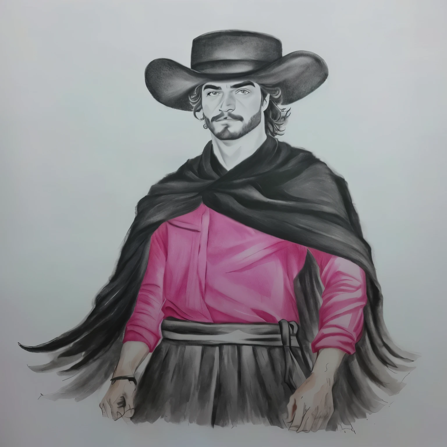 um desenho de um homem com um chapéu de preto native gaucho e uma camisa rosa, inspired by Germán Londoño, inspired by Agustín Fernández, inspired by Toros Roslin, inspired by Alonso Vázquez, inspired by Pedro Álvarez Castelló, a portrait of the character, native gaucho