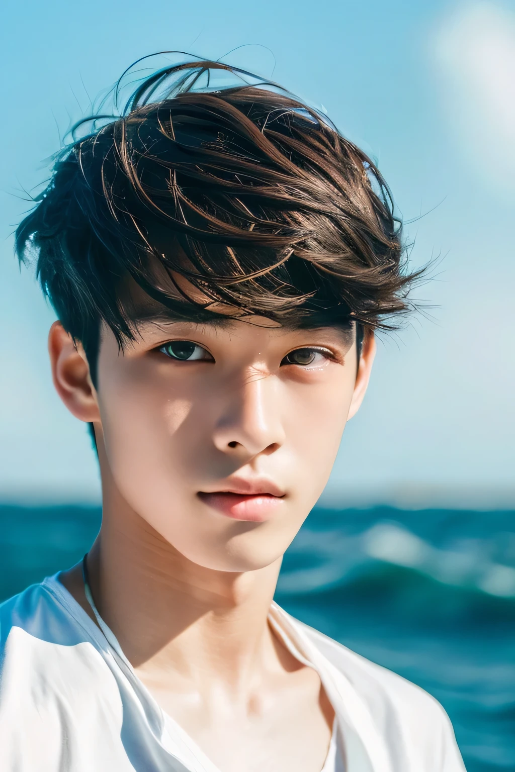 Highest quality, masterpiece, Ultra-high resolution, (Realistic: 1.4), Original photo, wallpaper, Head Photo, skin, Simple Background, Iris, detailed, Selfie, 1 boy, 18-year-old, good looking, Wind,Ocean