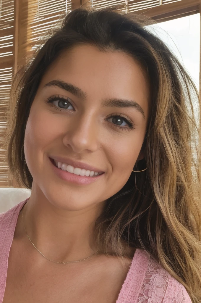 Beautiful brunette with blonde, (bedroom background ),naked girl , Very detailed, 18 years old, face innocent, Natural wavy hair, brown eyes, high resolution, masterpiece, best quality, complicated high level of detail, muito detalhado, keen focus, detailed skin, realistic skin Textur, Textur, detailled eyes, Specialist, 4K, charming smile, filmed with Canon, 85 mm, shallow depth of field, Kodak Vision Color, perfectly fitting body, Extremely detailed, fotografiar_\(ultra\), photorealestic, realisti, Aftercare, maximum details, roughness, true life, ultra realist, Photo-realism, fotografia, 8K UHD, fotografia, ((Upper body selfie, Happy)), masterpiece, best quality, ultradetailed, in the bedroom (day), Natur, cheerful, happy, backsack, Strandhut, pink shirt small sleeves closed, shade, contrast, clear sky, Stil, (warm hue, warmer Ton: 1.2), close up shot, cinematic light, sidelighting, ultrahigh resolution, bester shade, SPIRIT, Face part, serious look, Normal breasts, 4K, Natur, Lace,