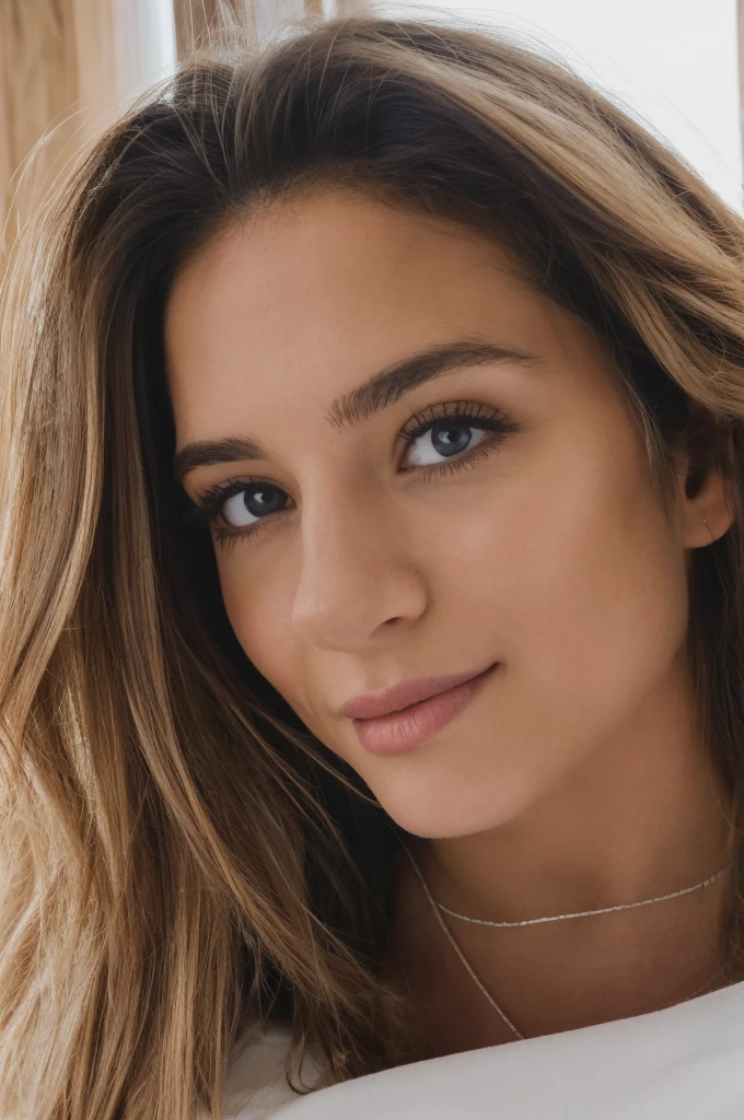 Beautiful brunette with blonde, (bedroom background ),naked girl , Very detailed, 18 years old, face innocent, Natural wavy hair, brown eyes, high resolution, masterpiece, best quality, complicated high level of detail, muito detalhado, keen focus, detailed skin, realistic skin Textur, Textur, detailled eyes, Specialist, 4K, charming smile, filmed with Canon, 85 mm, shallow depth of field, Kodak Vision Color, perfectly fitting body, Extremely detailed, fotografiar_\(ultra\), photorealestic, realisti, Aftercare, maximum details, roughness, true life, ultra realist, Photo-realism, fotografia, 8K UHD, fotografia, ((Upper body selfie, Happy)), masterpiece, best quality, ultradetailed, in the bedroom (day), Natur, cheerful, happy, backsack, Strandhut, pink shirt small sleeves closed, shade, contrast, clear sky, Stil, (warm hue, warmer Ton: 1.2), close up shot, cinematic light, sidelighting, ultrahigh resolution, bester shade, SPIRIT, Face part, serious look, Normal breasts, 4K, Natur, Lace,