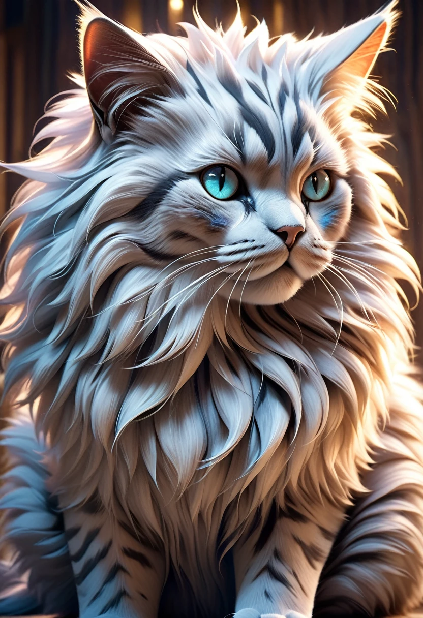 giant giant cat, hyperrealistic, extremely detailed, highly detailed feline, giant cat, extremely fluffy cat, striking eyes, realistic fur texture, photorealistic, sharp focus, 8k, best quality, masterpiece, vibrant colors, dramatic lighting, cinematic, fantasy, ethereal, mystical