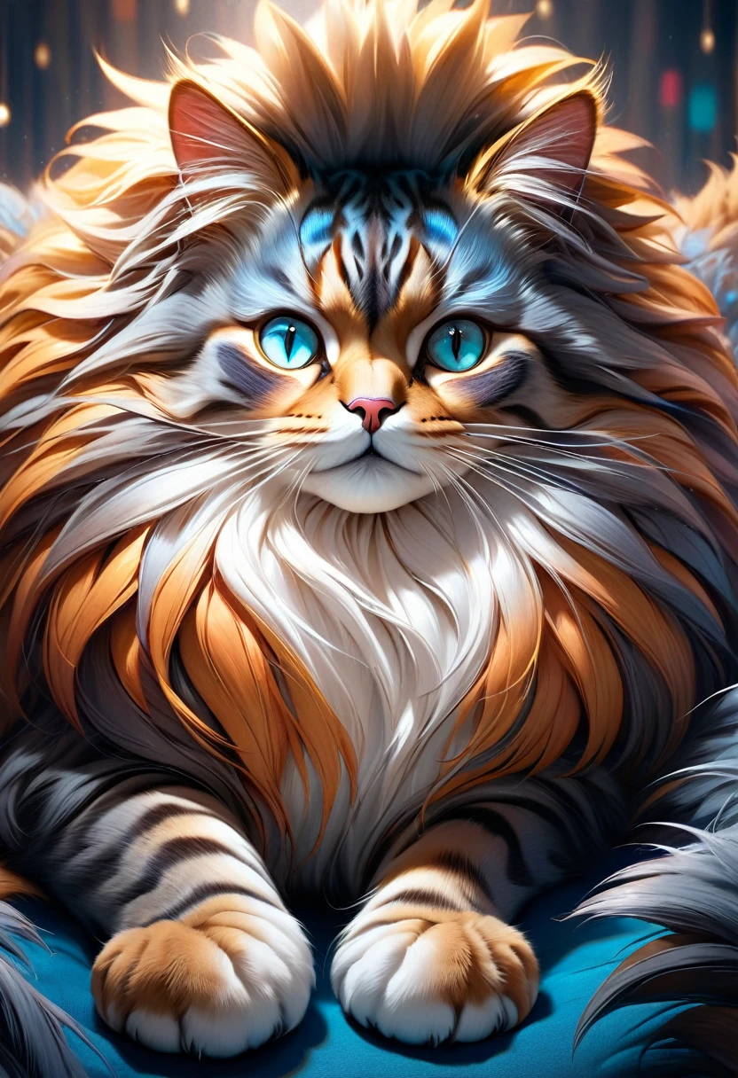 giant giant cat, hyperrealistic, extremely detailed, highly detailed feline, giant cat, extremely fluffy cat, striking eyes, realistic fur texture, photorealistic, sharp focus, 8k, best quality, masterpiece, vibrant colors, dramatic lighting, cinematic, fantasy, ethereal, mystical