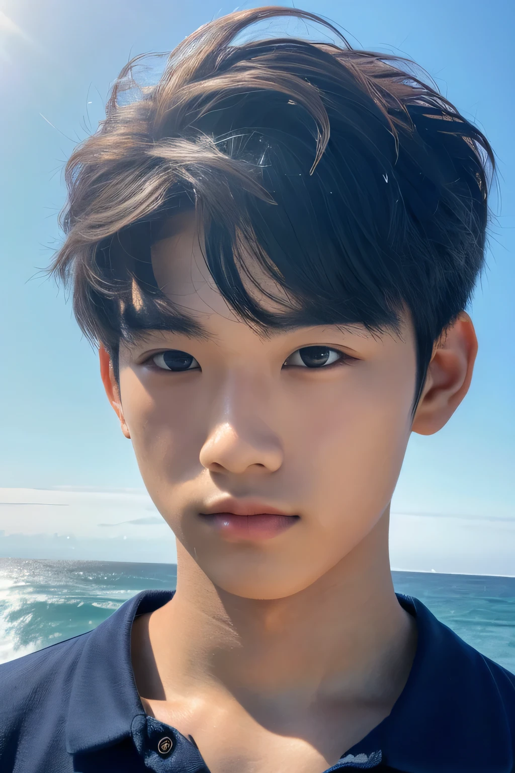 Highest quality, masterpiece, Ultra-high resolution, (Realistic: 1.4), Original photo, wallpaper, Head Photo, skin, Simple Background, Iris, detailed, Selfie, 1 boy, 18-year-old, good looking, Wind,Ocean