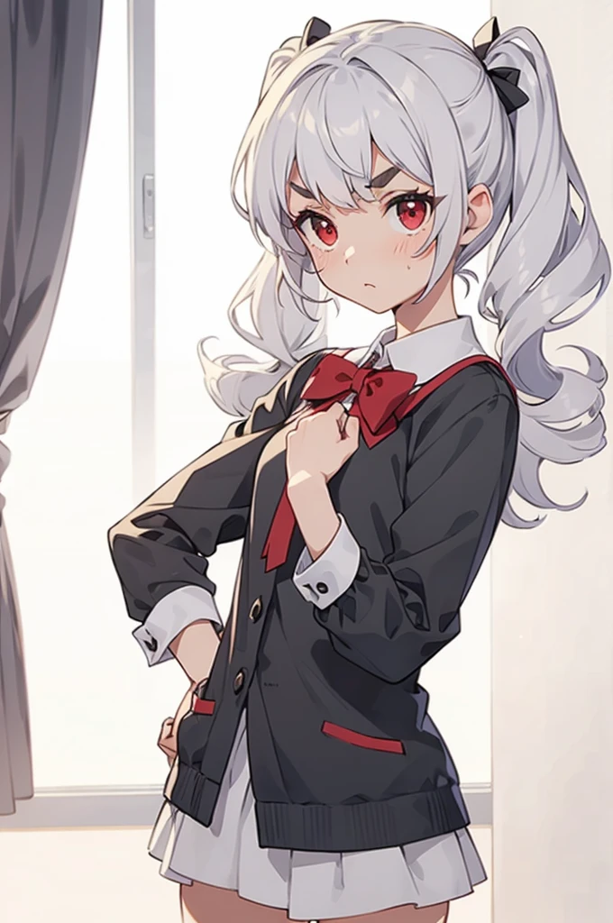 Young girl with grey hair, ((fringed and curly hair)),((curly short twintail)), curly hair ,(red eyes),, ((small bushy eyebrows))  to school, naked pussy, bored look, His expression turns slightly surprised., But keep your composure Oh, I see. He blushes slightly, but nod gently if it is your wish, I&#39;ll do it gladly. He kneels in front of him, looking at him with eyes bright with anticipation let me, Mister. Take the condom between your lips and begin to suck gently, tasting every drop of semen


