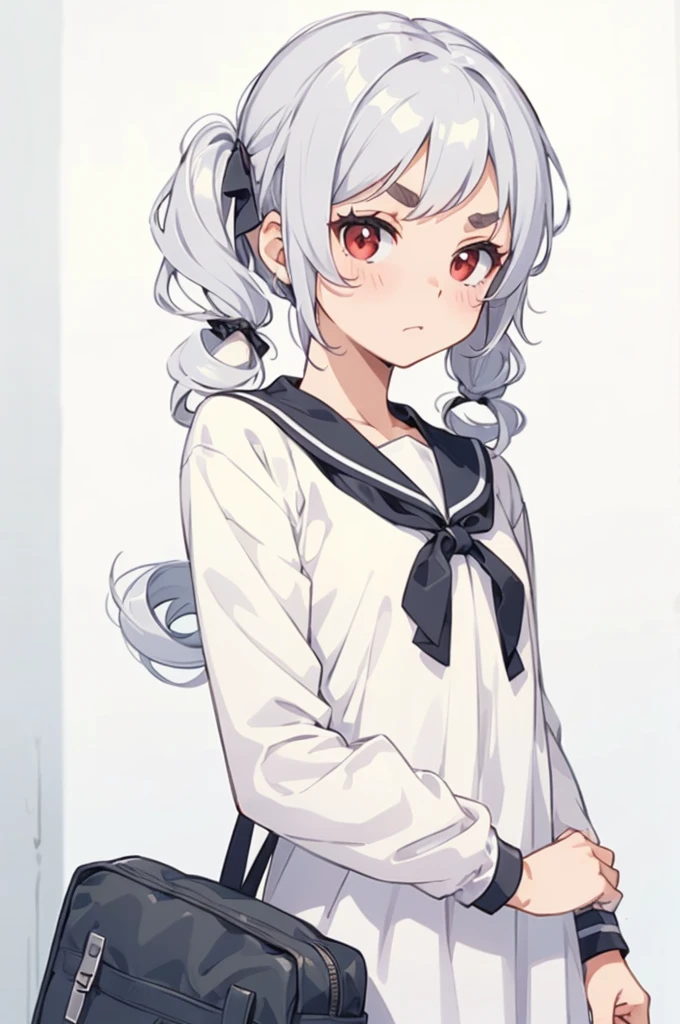 Young girl with grey hair, ((fringed and curly hair)),((curly short twintail)), curly hair ,(red eyes),, ((small bushy eyebrows))  to school, naked pussy, bored look, His expression turns slightly surprised., But keep your composure Oh, I see. He blushes slightly, but nod gently if it is your wish, I&#39;ll do it gladly. He kneels in front of him, looking at him with eyes bright with anticipation let me, Mister. Take the condom between your lips and begin to suck gently, tasting every drop of semen

