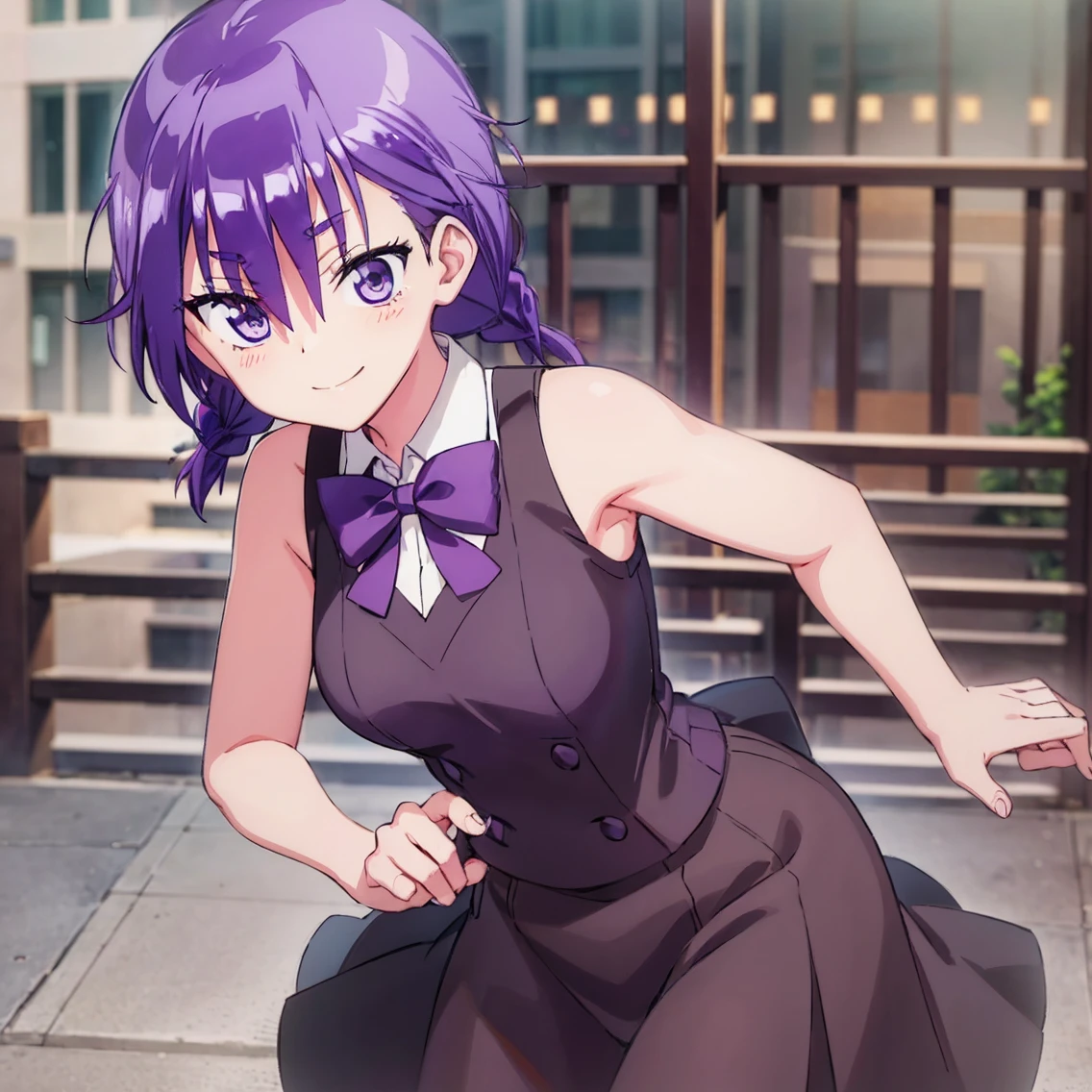 ((1girl)),((alone)), asumi kominami,(masterpiece), (best quality), (ultra detailed), (best illustration), (best shadow), (absurdities), sharp focus, cowboy photo , looking at viewer, big breasts, narrow waist, wide hips, medium thighs, round butt, dynamic posture, purple eyes, purple hair, short hair, white shirt, sleeveless, bow tie, purple bow tie, hair between the eyes, bow tie purple, purple skirt:1.3, medium skirt, smiling, playful look, seductive smile, closed mouth, serious expression, (sexy pose: 1.2), ((solo)), standing: 1.3, outdoor, cityscape, city, streets , sunset, looking back, from behind, ((focus on ass)), point of view (from middle), red blush, perfect anatomy, perfect hands.
