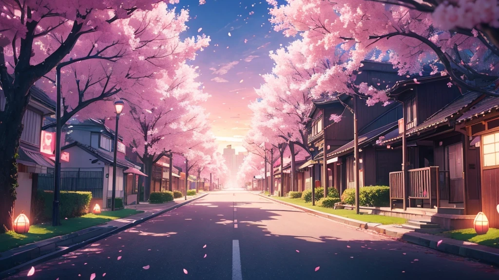 city with cherry trees in surreal anime style for ambient music cover. at sunset and cherry petals float through the scene. Smooth and ethereal animation style, reminiscent of the works of Hayao Miyazaki mixed with the surrealism of 'Paprika'. Soft and dreamlike color palette: deep blues, soft greens and delicate pinks. The general atmosphere is serene and mystical. Composition that invites the viewer to immerse themselves in this dream world