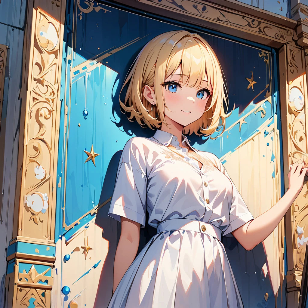 masterpiece, Highest quality, Super detailed, figure, Beautiful details, Depth of written boundary, Dynamic Angle, 8k wallpaper, Portraiture, Best light and shadow quality, 4K, 8k, CG, The finer details, Blurred Background, Upper Body, Contemporary, dress, blonde, Short Hair, Beautiful Eyes, Beautiful splashes