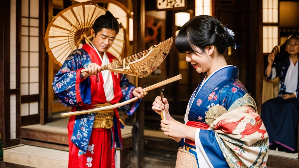 carving on wood  of Geisha playing on musical instrument in front of a man  in full growth , style Fish eye