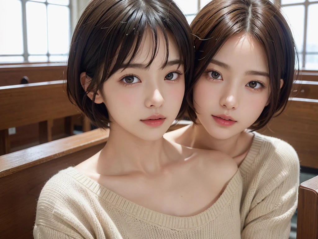 (Short Hair:1.2),(wearing a knit sweater:1.2),1 girl,Japanese,28 years old,(Small breasts:1.3),(highest quality,masterpiece:1.3,超A high resolution,),(Ultra-detailed,Caustics),(Photorealistic:1.4,RAW shooting,)Ultra-Realistic Capture,Very detailed,High resolution 16K human skin close-up。 Natural skin texture、,Pores、、It needs to be detailed enough to be easily identifiable。 Skin should be even-toned and healthy looking。 Use natural light and colour, Sad expression, Looking at the camera, Perfect dynamic composition, Inside the church