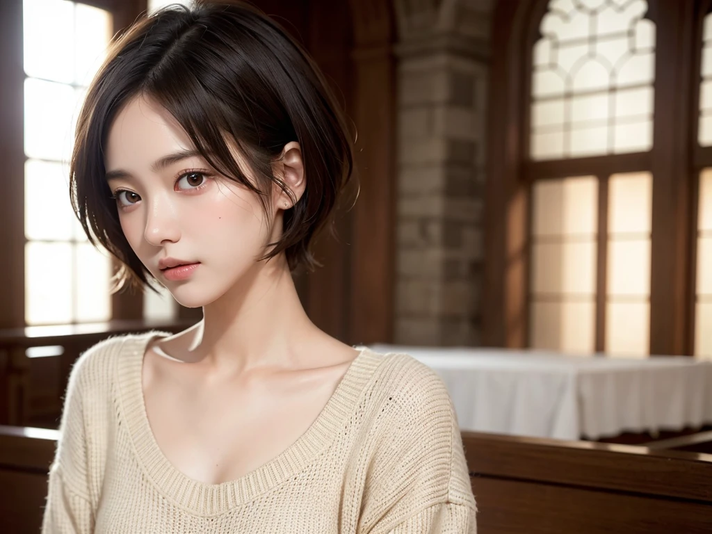 (Short Hair:1.2),(wearing a knit sweater:1.2),1 girl,Japanese,28 years old,(Small breasts:1.3),(highest quality,masterpiece:1.3,超A high resolution,),(Ultra-detailed,Caustics),(Photorealistic:1.4,RAW shooting,)Ultra-Realistic Capture,Very detailed,High resolution 16K human skin close-up。 Natural skin texture、,Pores、、It needs to be detailed enough to be easily identifiable。 Skin should be even-toned and healthy looking。 Use natural light and colour, Sad expression, Looking at the camera, Perfect dynamic composition, Inside the church