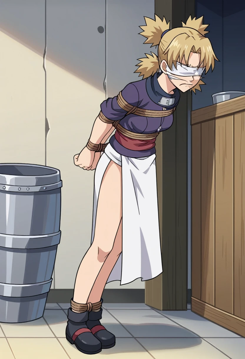 score_9, score_8_up, score_7_up, score_6_up, score_5_up, score_4_up, BREAK, source_anime, ytemari, 1girl, blonde hair, quad tails, fishnets, purple garment, sash, hands behind back, frown, looking in distress, crying hysterically, panicking, head lowered in defeat, crying, full body, standing with her legs in a bucket, full body, hogtied. sideview looking at viewer, solo, background by the docks near the ocean, docks and water background, anime screencap, anime coloring, white cloth gag, panic expression, struggling, white cloth blindfold over eyes, timebomb in background, white blindfolded, extreme panic expression, shibari ropes, legs in a bucket of cement, shibari around legs, white cloth gag, by the water
