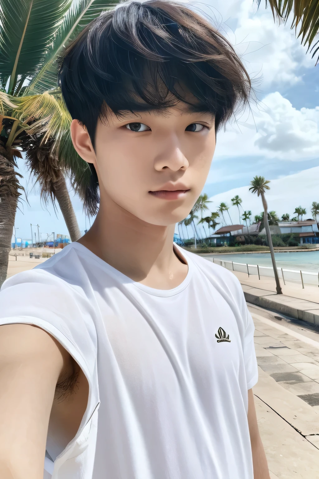 Highest quality, masterpiece, Ultra-high resolution, (Realistic: 1.4), Original photo, wallpaper, Head Photo, skin, Simple Background, Iris, detailed, Selfie, 1 boy, 18-year-old, good looking, Wind,Beach、Palm tree