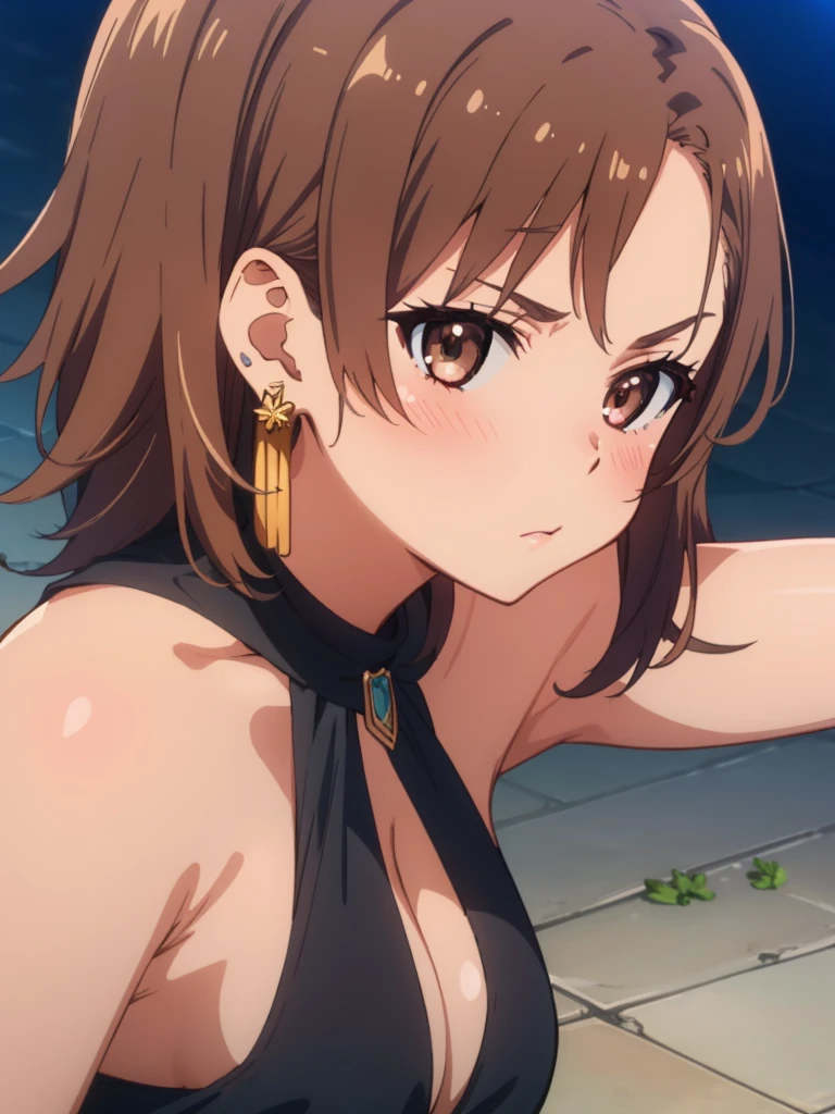 (masterpiece, best quality, 8k:1.2),Very detailed, (anime:1.1), misaka_mikoto, brown hair, medium hair, hairpin, medium breasts, 1girl, (strong, Egyptian costume, earrings, glare, blush), dutch angle, looking at viewer,
