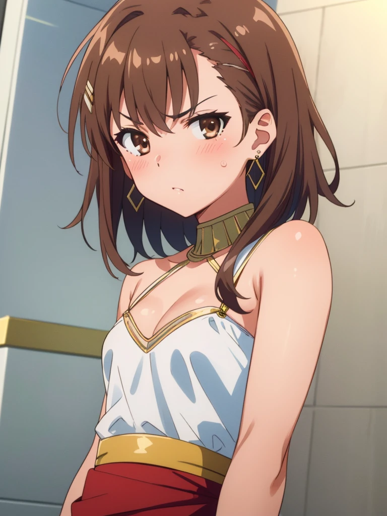 (masterpiece, best quality, 8k:1.2),Very detailed, (anime:1.1), misaka_mikoto, brown hair, medium hair, hairpin, medium breasts, 1girl, (strong, Egyptian costume, earrings, glare, blush), dutch angle, looking at viewer,