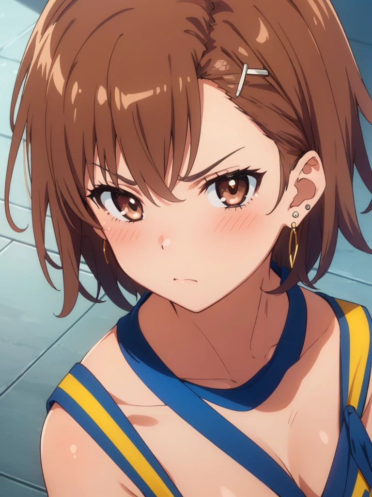 (masterpiece, best quality, 8k:1.2),Very detailed, (anime:1.1), misaka_mikoto, brown hair, medium hair, hairpin, medium breasts, 1girl, (strong, Egyptian costume, earrings, glare, blush), dutch angle, looking at viewer,