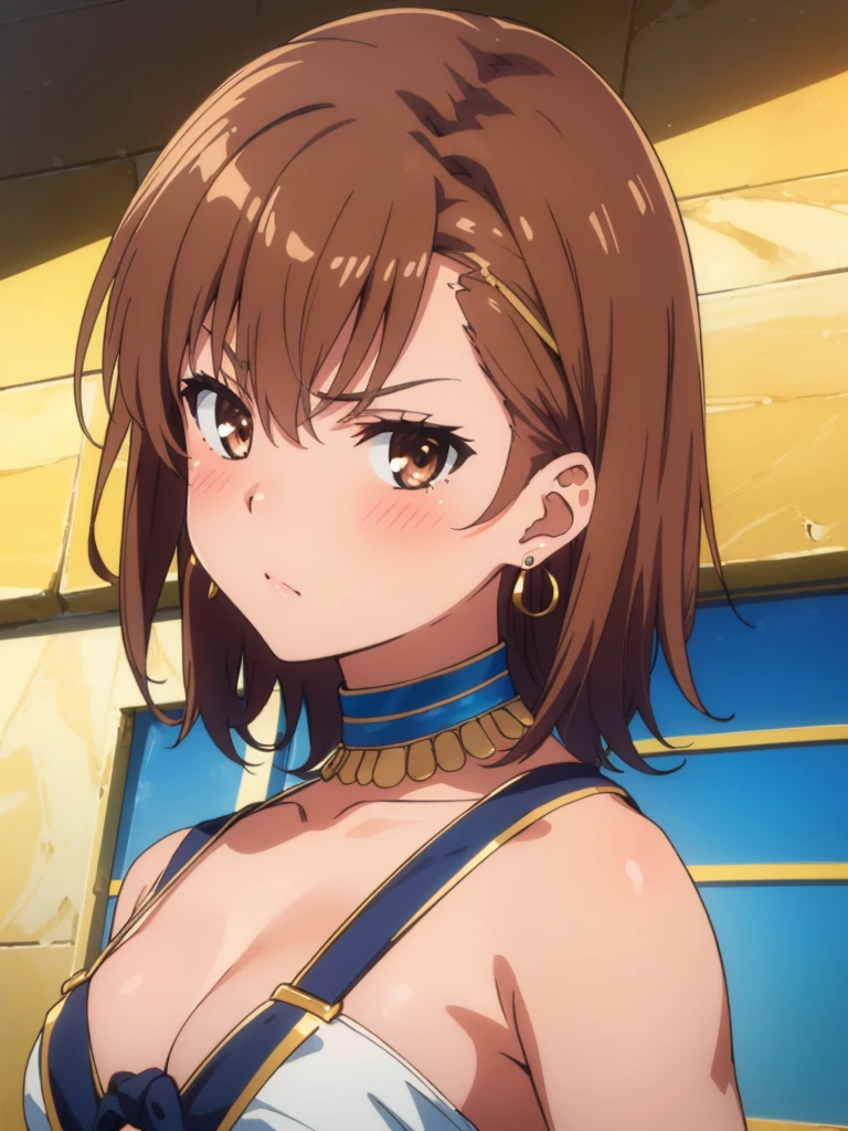 (masterpiece, best quality, 8k:1.2),Very detailed, (anime:1.1), misaka_mikoto, brown hair, medium hair, hairpin, medium breasts, 1girl, (strong, Egyptian costume, earrings, glare, blush), dutch angle, looking at viewer,
