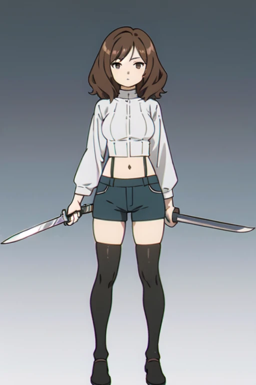 (((Best quality))),((Ultra-detailed)),((illustration)),((Disheveled hair)),((frilld)),(1 girl),
1girl,black gloves,black legwear,closed mouth,dagger,dual wielding,expressionless,full body,gloves,hair between eyes,holding,holding dagger,holding knife,holding sword,holding weapon,hood,knife,looking at viewer,midriff navel,reverse grip,shoes,short hair,shorts,solo,standing,suspenders,thighhighs,weapon,
brown eyes,brown hair,rating:safe,