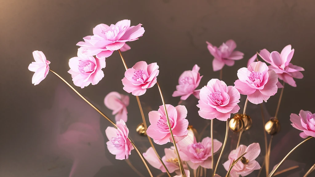 transparent flowers, pink transparent flower with gold edges. a transparent silk ribbon in gold shade Background light gray blurry realism and fantasy.