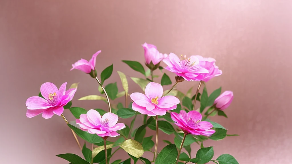 transparent flowers, pink transparent flower with gold edges. a transparent silk ribbon in gold shade Background light gray blurry realism and fantasy.