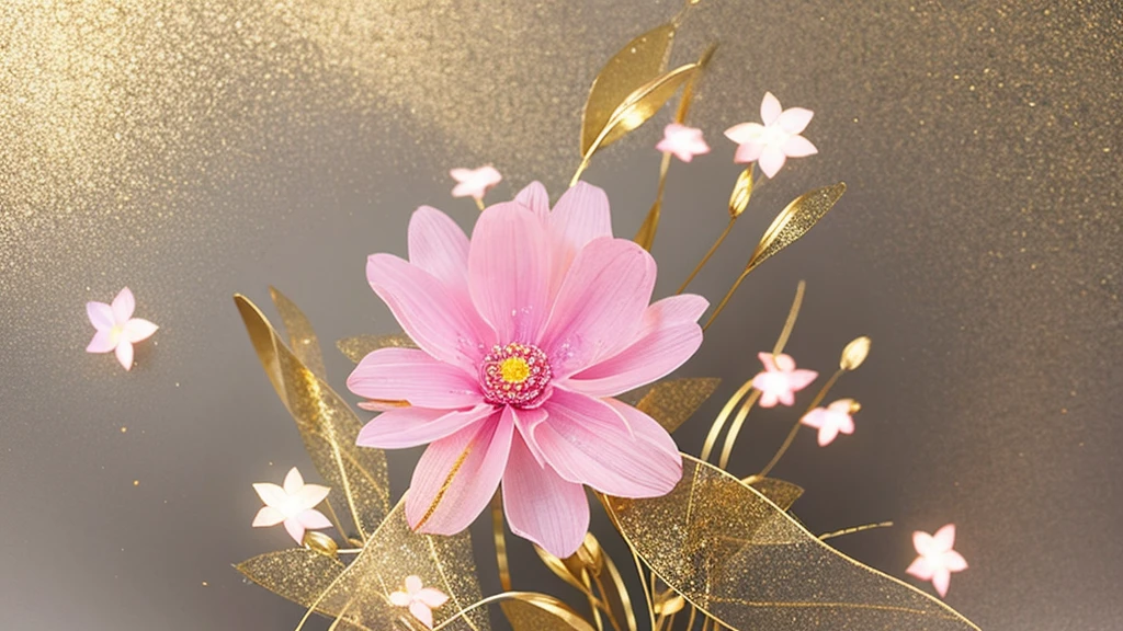 transparent flowers, pink transparent flower with gold edges. a transparent silk ribbon in gold shade Background light gray blurry realism and fantasy.