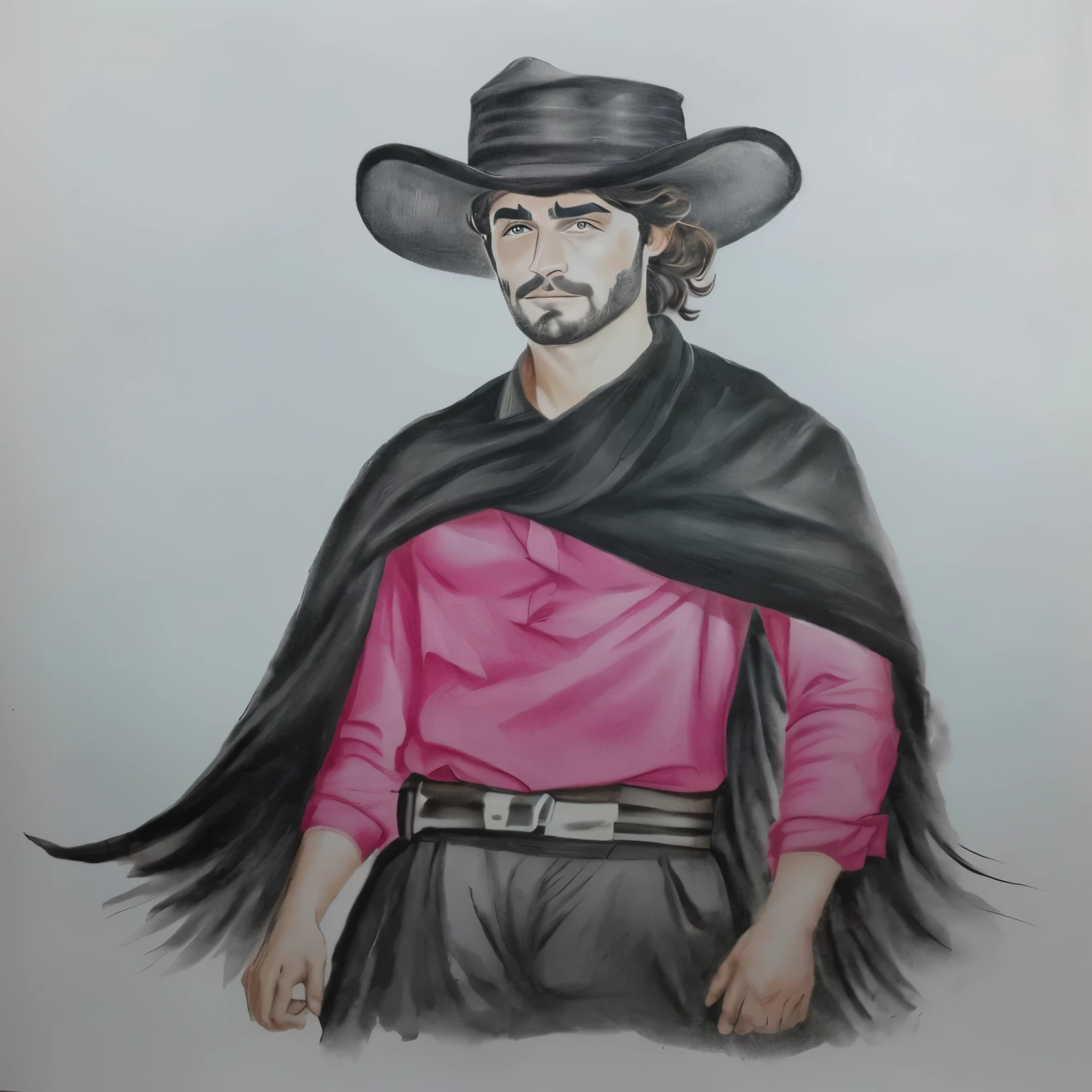 um desenho de um homem com um chapéu de preto native gaucho e uma camisa vermela e pele clara inspirado em Germán Londoño, inspired by Agustín Fernández, inspired by Toros Roslin, inspired by Alonso Vázquez, inspired by Pedro Álvarez Castelló, a portrait of the character, native gaucho