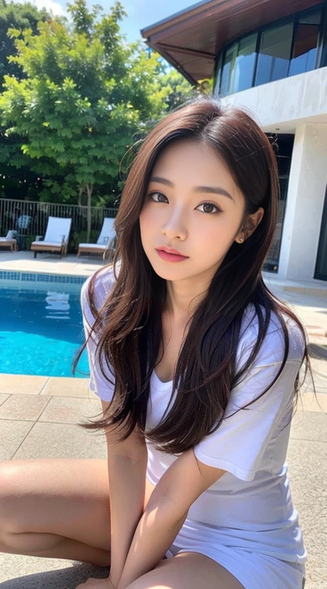Dark brown hair、Light brown eyes、Japanese actress、 Lady、I am about 40 years old....、(Intricate details:1.2)、(Which is more expensive????:1.4)、 (Ultra-high resolution:1.2)、Ultra-high resolution、(fine adjustment)、(Detailed facial features)、Hmph、8k resolution、D cup size breasts、Hair length、By the pool、Venice hotel pool、Venice hotel pool、Sitting on a beach bed iBy the pool、You can see the pool in the back、Extravagant space、relax、T-Shirts、濡れたT-Shirts、Water Drop,Full body photo、Head to toe shot、lying on a beach bed、Photographed while lying on a beach bed、Lie down with your butt up、Accentuate your breasts、Gentle expression、