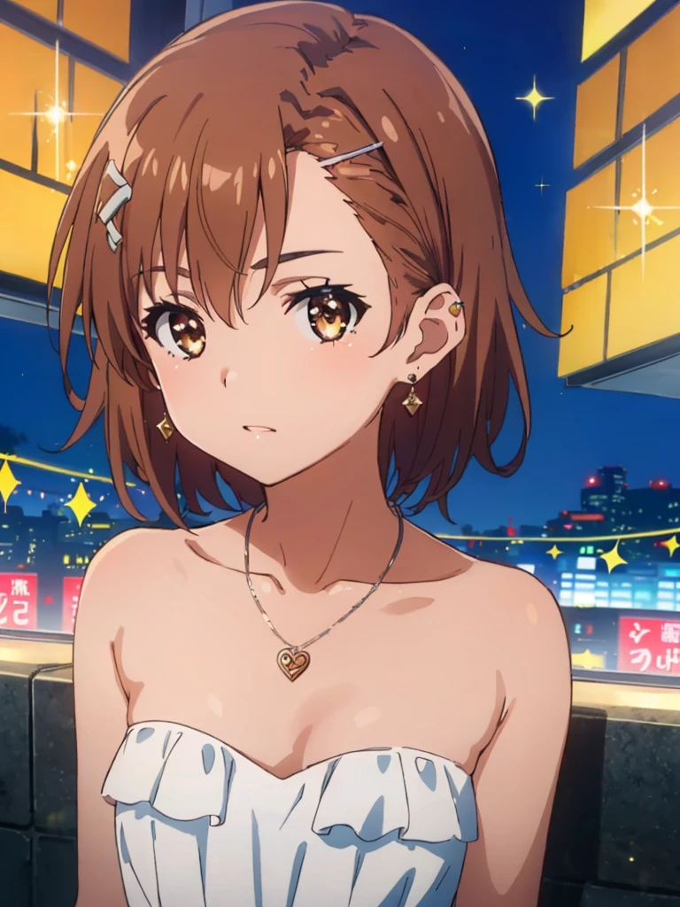 (masterpiece, best quality, 8k:1.2),Very detailed, (anime:1.1), misaka_mikoto, brown hair, short hair, hairpin, small medium breasts, 1girl, (Collarbone, Necklace, Earrings, Sparkly Dress, Party Dress, Ruffles, Earrings, Venue), Cowboy shot, looking at viewer,