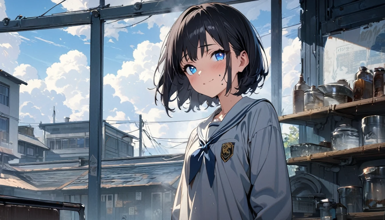 1girl, solo, blue eyes, (detailed eyes), gentle smile on her face flat chest, short hair, black hair, (masterpiece), (best quality), (ultra-detailed), (best illustration), (absurdres), Female, 25 years old, oily, steam, shy, light smile, Under the blue sky and white clouds,, school clothes,, wide shot