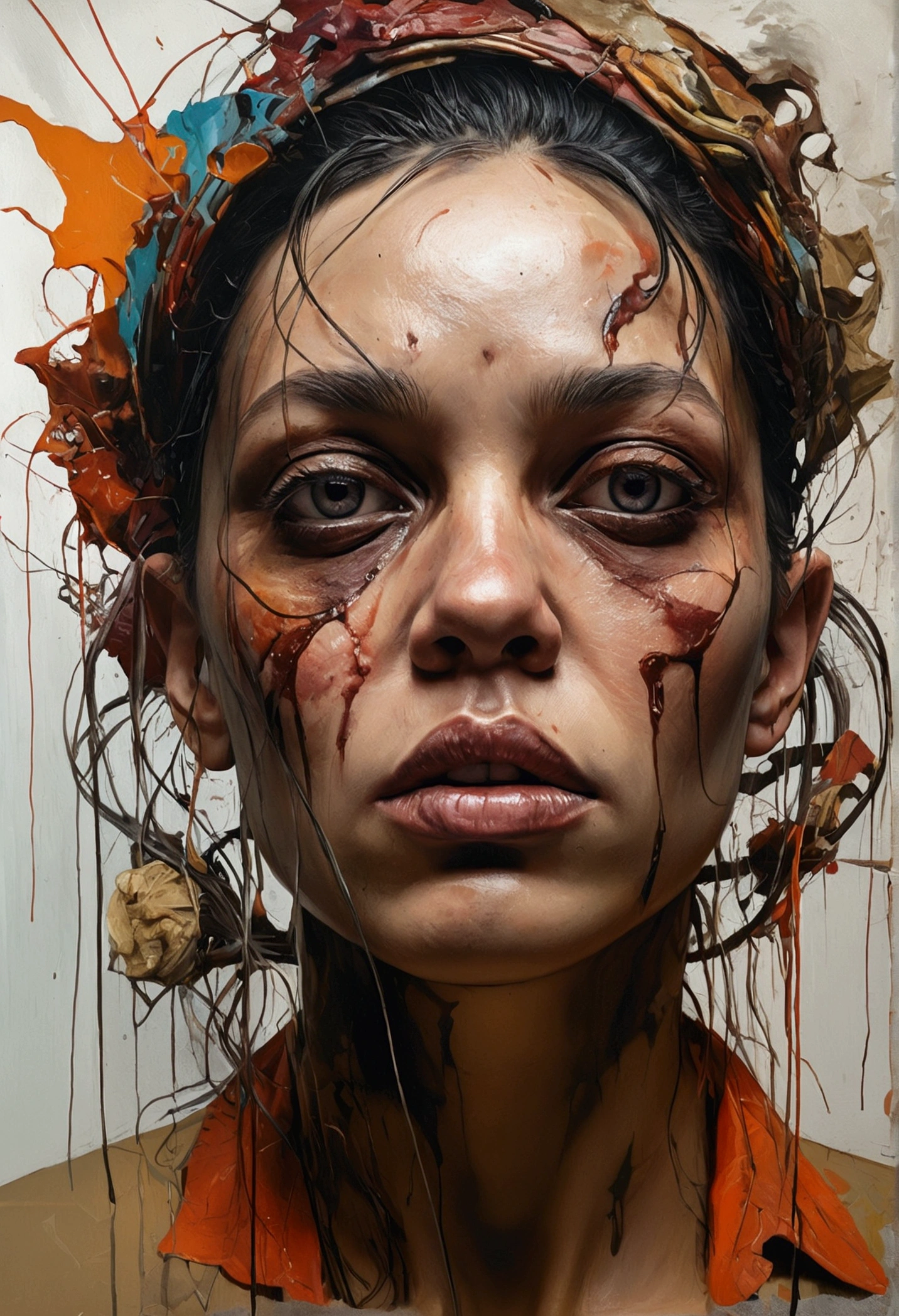 Troubled mind, mental disease, craziness, psychological disorder. No estilo de Adrian Ghenie Esao Andrews Jenny Saville, Surrealism Dark Ar, sharp focus, studio photo, details Intricate, highy detailed, details Intricate do rosto, poster style, Icons, Vibrant colors, vector style, digitl art, 4K, details Intricate, mesmerizing, professionally made, beautiful vector illustration, 12k resolution, 3d, highy detailed, Vibrant, Ultra-high quality, Hyper-Realism, fotorrealism, octane rendering]