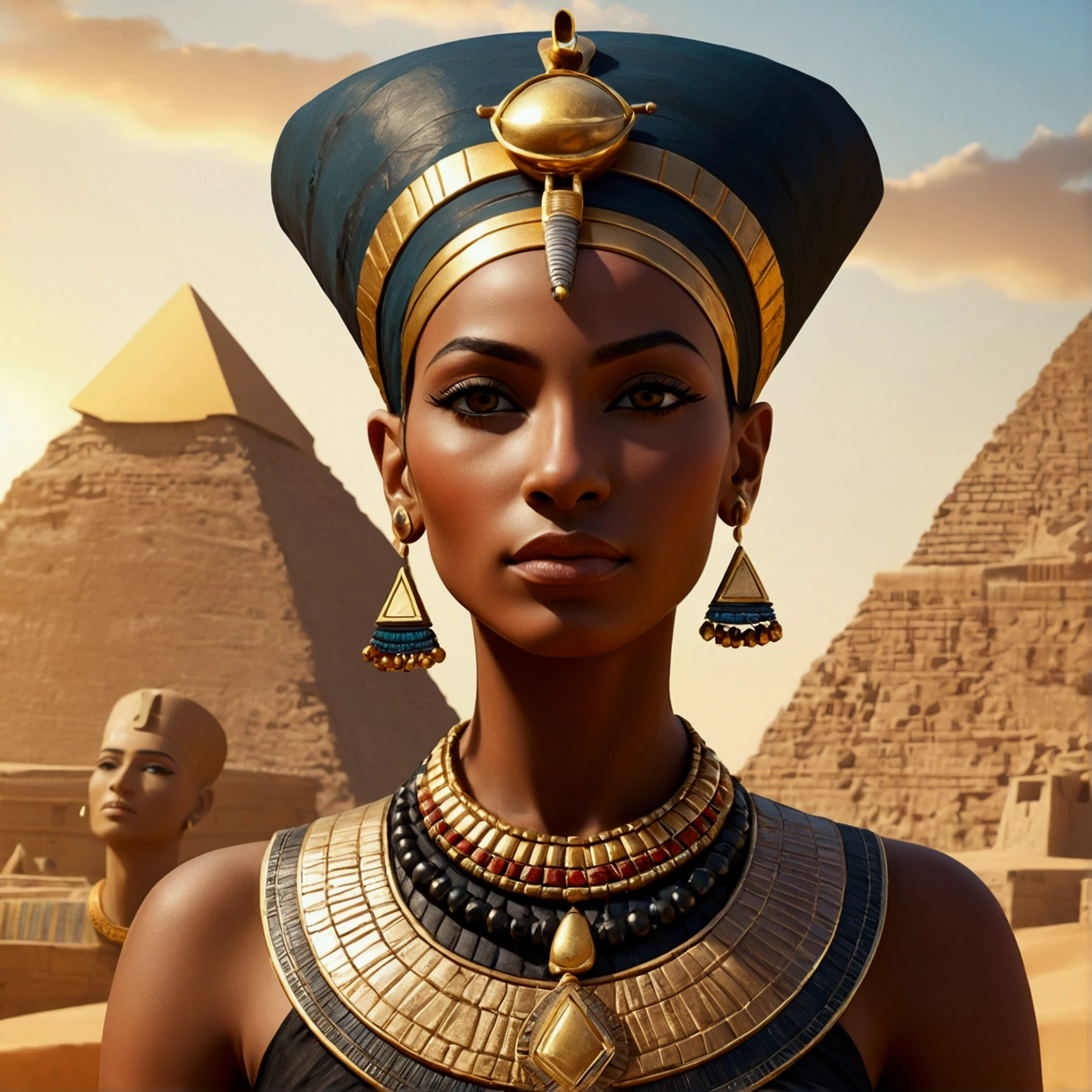 A portrait of an ancient Egyptian woman, black skin woman, lots of jewelry, dressed in traditional clothes and gold ornaments. She has a wise and serene look, with the bust of Nefertiti in the background. realistic styling, with attention to detail and a warm color palette , In the background, pyramids make up the landscape of ancient Egypt, the sun illuminating and giving life, Perfect artwork, super detaill, best qualityer, 4K wallpaper aesthetic masterpiece, master part, award winning artwork, offcial art