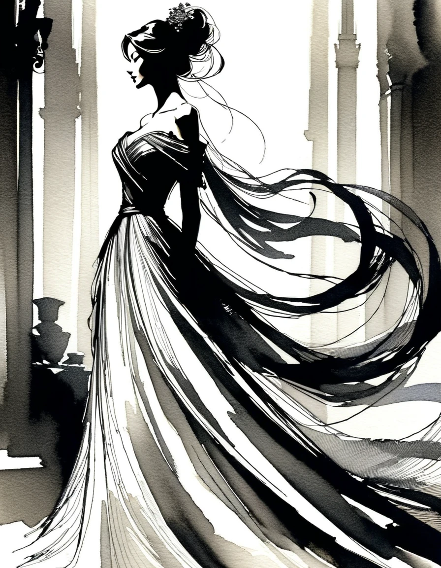Elegant Maiden，black and whiteink画，pen sketch drawing，Loose brushstrokes，Pen outlines delicate lines，flowing action，Subtle ink tones，elegant posture，A peaceful expression，Delicate facial features，ink，Smudge，black and white，clean