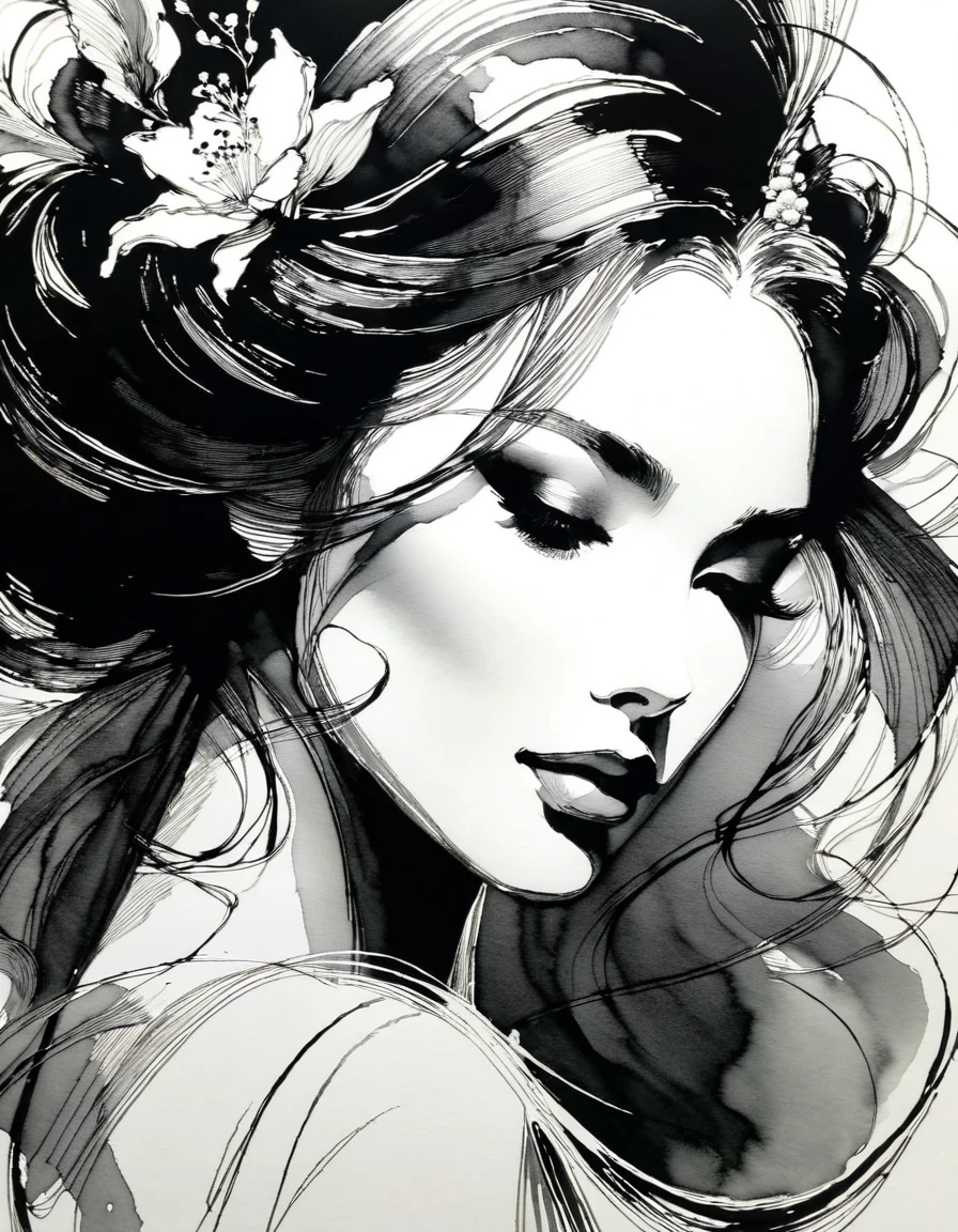 Elegant Maiden,black and whiteink画,pen sketch drawing,Loose brushstrokes,Pen outlines delicate lines,flowing action,Subtle ink tones,elegant posture,A peaceful expression,Delicate facial features,ink,Smudge,black and white,clean