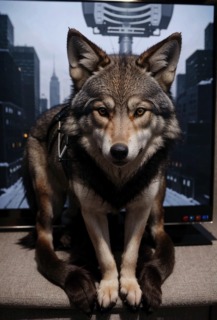 a wolf presenting news on television