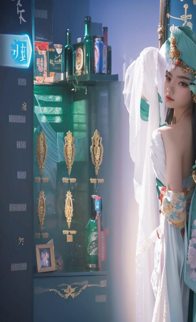 1 girl, heroine, handsome, splashed ink, Chinese armor, (upper body), black hair, floating hair, delicate eyes, black and green antique damask Hanfu, fov, (f1.8), (masterpiece), (portrait shot), front shot, white background, (movie poster), weapon