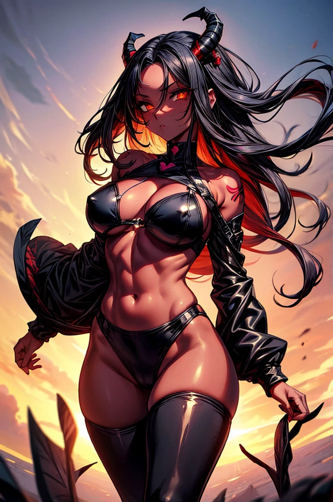 masterpiece, super detailed, high resolution, precision art, highly seductive anime girl. sexy and alluring, flawless dark red demonic skin, succubus, symmetrical face, beautiful olive eyes, flowing black hair, her very presence oozes seduction and allure, S-shaped body, black onyx colored horns jutting out her forehead, heart shaped tail protruding from her back, sexy and arousing slender and thin yet chiseled with enticing breasts, intricate and beautiful heart shaped tattoo engraved on her stomach, wearing spaghetti strap crop-top and form-fitting leggings that accentuate her round ass, hip-level shot