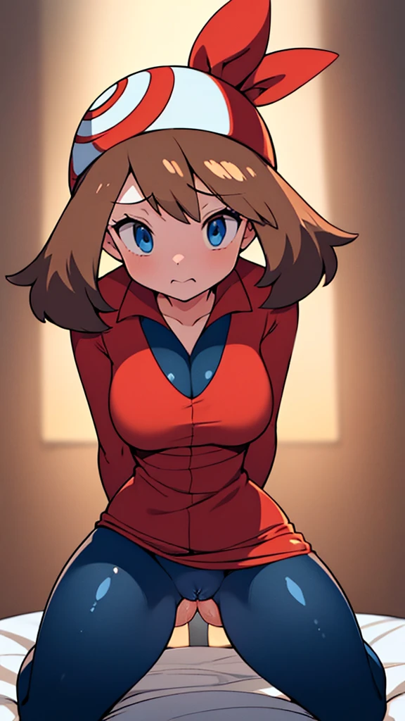 ((Girl having intense vaginal sex with man:1.3)), アニメ One girl, 22 years old, May Pokemon, red bandana, Brown Hair, short hair, Blue eyes, Big Breasts, Chest cleavage, Bounce, Thighs, indoor, 32K,Super detailed,Ultra-detailed, The perfect Mei, Red clothes,Navy blue leggings under a short white skirt, Mei's outfit, whole body, , {{A Pokemon trainer sees May passing by and has Metamon transform into an adult May and engage in intense vaginal sex with her.}}, NSFW