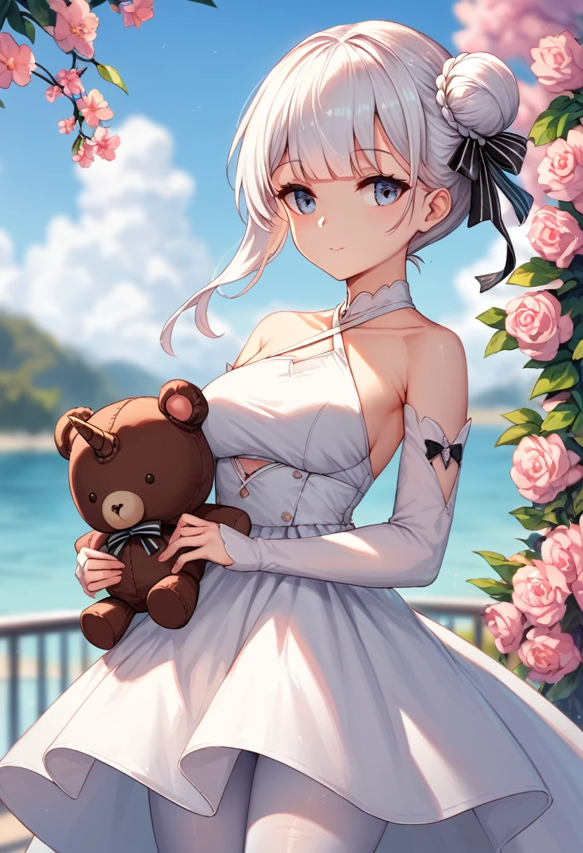 score_9,score_8_up,score_7_up,source_anime,cowboy shot,Idealized Forms,Natural Light,details background,blurry background,extremely detailed,1girl,unicorn_(azur_lane),single_side_bun,single_hair_bun,
white_dress,white_pantyhose,halter_dress,dress_bow, black_bow,criss-cross_halter,detached_sleeves,side cutout,holding stuffed toy,stuffed winged unicorn