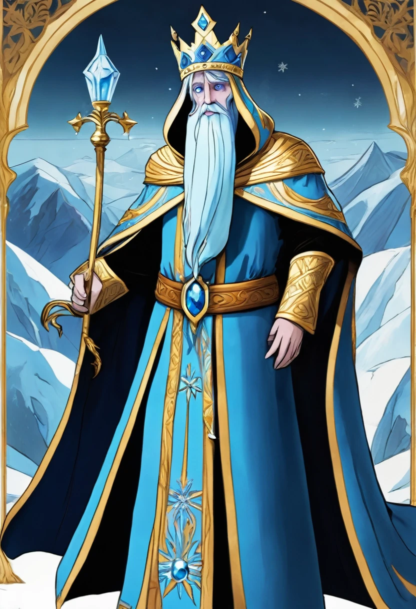 The Ice King is terrifying It has light blue skin The Ice King wears a long, blue robe, a loose robe that covers almost his entire body. The Ice King wears a huge golden crown on his head decorated with three red jewels, giving him a royal look. Beard: The Ice King has a long, thick white beard, almost reaching his chest, giving him a distinctive appearance. Its nose is long and prominent and resembles a small carrot Eyes: Its eyes are small, round, and dead His arms are thin compared to his body, and are also a light blue color.
