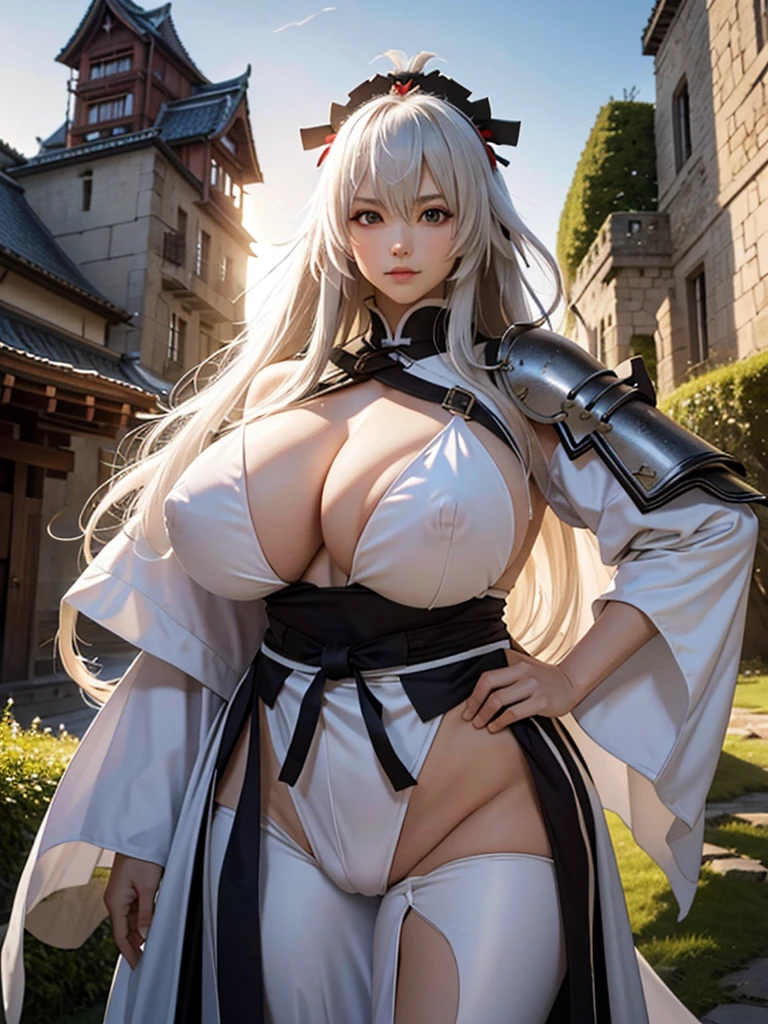 jeanne, (samurai white armor:1.2), crown, cloak, naked breasts, fluttering hair, long wavy hair, long curl hair, huge tit, thick thighs, huge hip, abdominal muscle, upper body from below, standing, spread legs, hands on hip, moss of abandoned castle, gentle smile, sunset