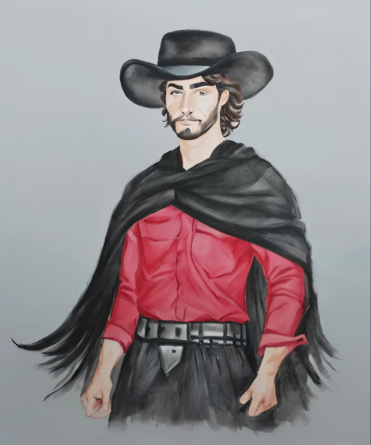 um desenho de um homem com um chapéu de preto native gaucho e uma camisa vermela e pele clara inspirado em Germán Londoño, inspired by Agustín Fernández, inspired by Toros Roslin, inspired by Alonso Vázquez, inspired by Pedro Álvarez Castelló, a portrait of the character, native gaucho