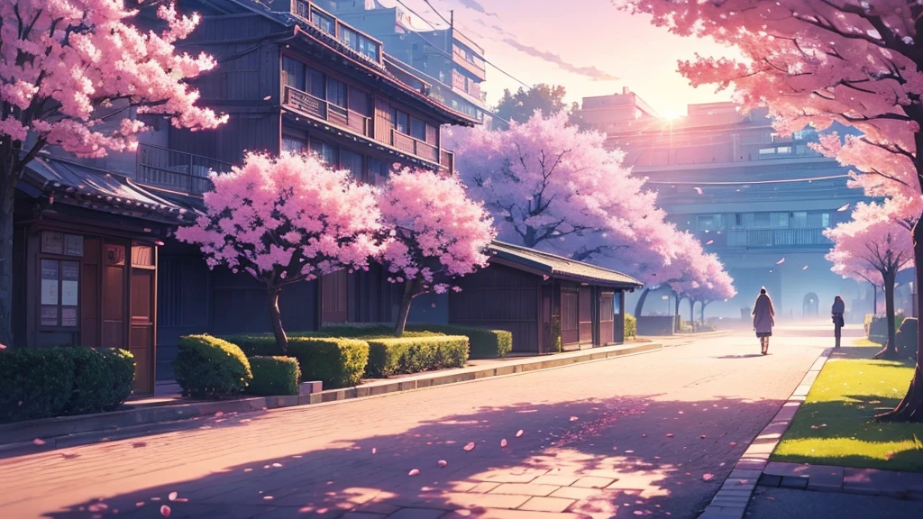 city with cherry trees in surreal anime style for ambient music cover. at sunset and cherry petals float through the scene. Smooth and ethereal animation style, reminiscent of the works of Hayao Miyazaki mixed with the surrealism of 'Paprika'. Soft and dreamlike color palette: deep blues, soft greens and delicate pinks. The general atmosphere is serene and mystical. Composition that invites the viewer to immerse themselves in this dream world
